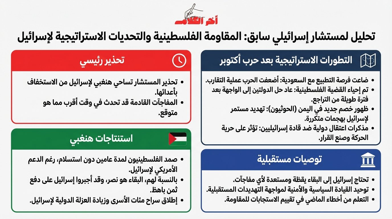 مسؤول إسرائيلي سابق يحذر: الفلسطينيون صمدوا عامين ولم يرفعوا الراية البيضاء رغم دعم أمريكا لإسرائيل