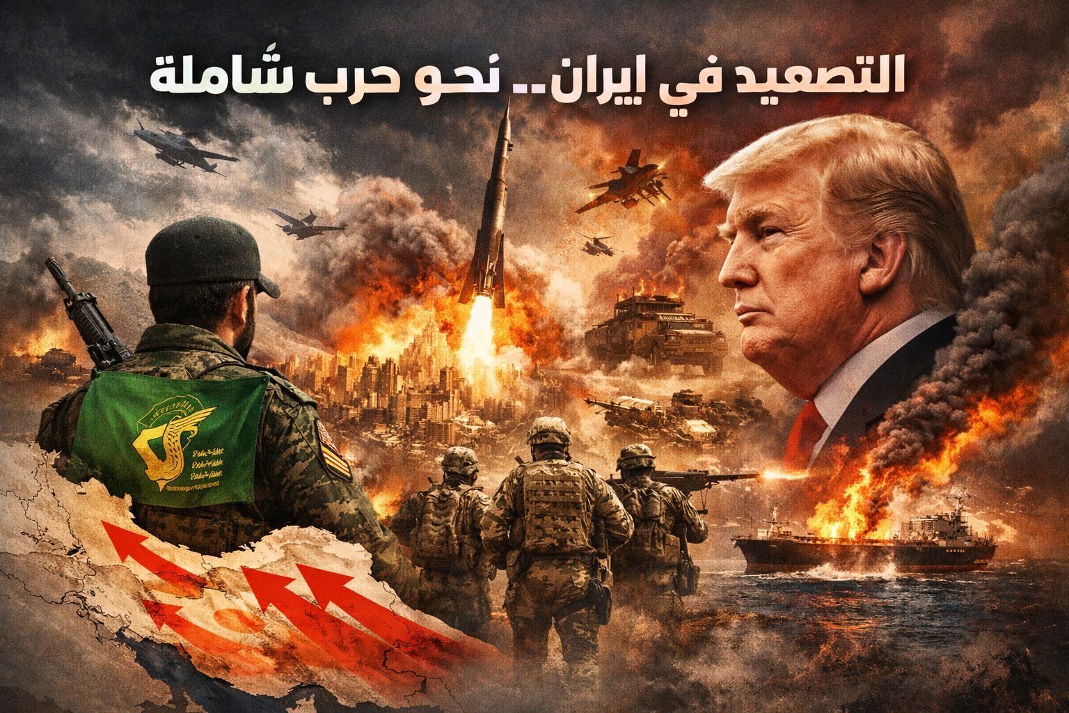 تصميم تعبيري يظهر تصاعد الحرب في إيران مع صواريخ وقوات عسكرية وحرائق واسعة في مشهد يعكس التوتر الإقليمي