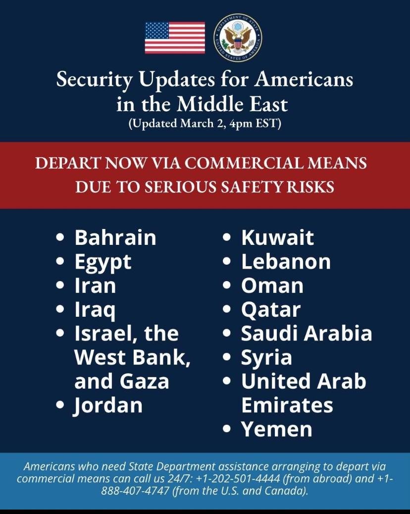 ❌❌عاجل ‼️ وزارة الخارجية الأمريكية تصدر “غادر فورا لمواطنيها” من 16 دولة 👇🏼👇🏼 ‏خليجية وعربية !!