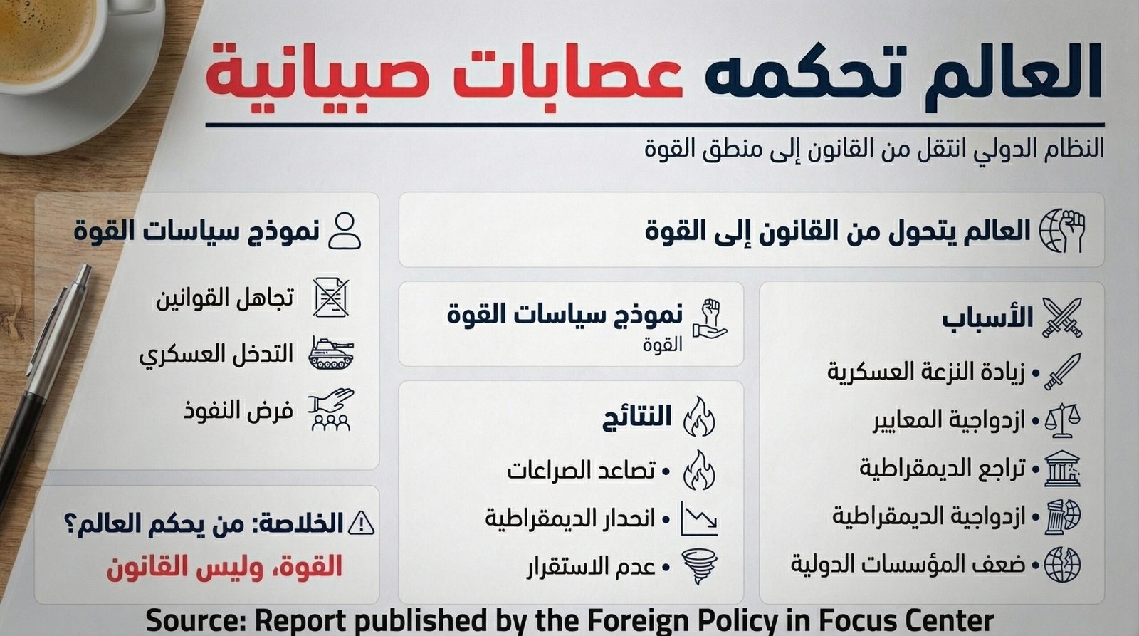 العالم يتجه نحو منطق القوة وسط تراجع الديمقراطية