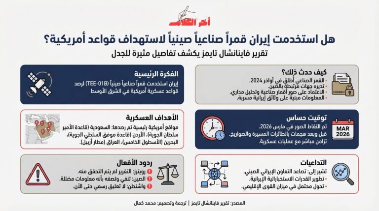 إنفوجرافيك عربي يوضح استخدام إيران قمرًا صناعيًا صينيًا لمراقبة قواعد أمريكية في الشرق الأوسط وفق تقرير فاينانشال تايمز