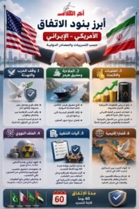 إنفوجرافيك عربي ثلاثي الأبعاد يوضح أبرز بنود الاتفاق الأمريكي–الإيراني، بما يشمل وقف الحرب وفتح مضيق هرمز والعقوبات والملف النووي وآليات التنفيذ.