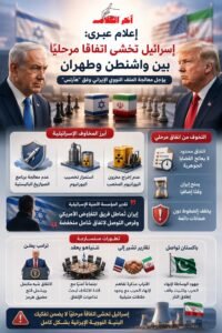 إنفوجرافيك عربي ثلاثي الأبعاد يوضح مخاوف إسرائيل من اتفاق مرحلي بين واشنطن وطهران وتأثيره على الملف النووي الإيراني والمفاوضات الجارية.