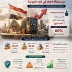 إنفوجرافيك عربي ثلاثي الأبعاد حول أزمة الديون في مصر، يتضمن أرقام الدين الخارجي، تحذيرات الخبراء، وتصريحات حكومية، مع عناصر بصرية اقتصادية وعلم مصر وشعار «أثر الكلمة».