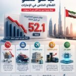 إنفوجرافيك يوضح تباطؤ نمو القطاع الخاص غير النفطي في الإمارات إلى 52.1 نقطة مع تأثير الشحن والسياحة وارتفاع التكاليف.