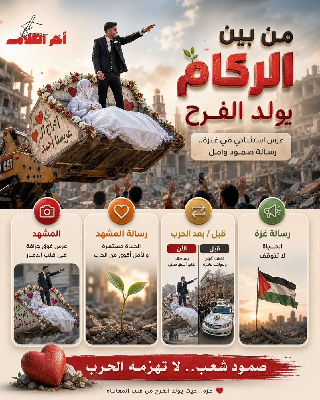 من بين الركام.. جرّافة تتحول إلى منصة زفاف في غزة