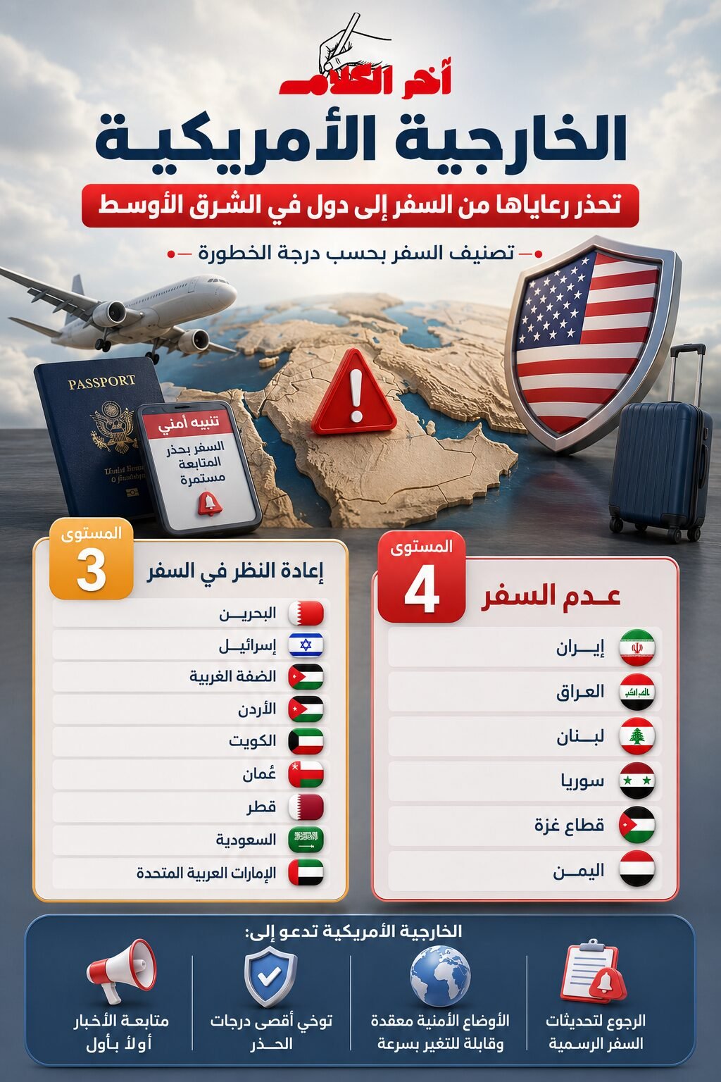 الخارجية الأمريكية تصنف دولاً عربية ضمن مستويات تحذير السفر
