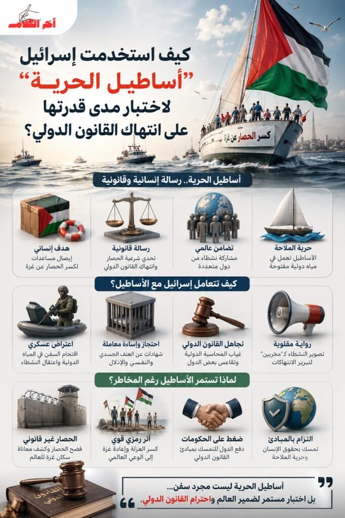 إنفوجرافيك عربي يشرح دور أساطيل الحرية المتجهة إلى غزة، والجدل القانوني حول اعتراضها، وعلاقتها بالقانون الدولي وحرية الملاحة البحرية.