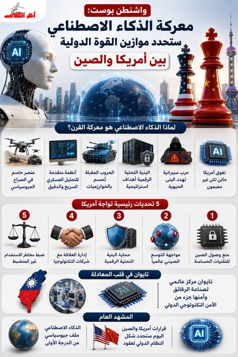 إنفوجرافيك عربي يشرح كيف أصبح الذكاء الاصطناعي محور المنافسة الاستراتيجية بين الولايات المتحدة والصين، وتأثيره على الأمن العالمي والاقتصاد والتكنولوجيا.