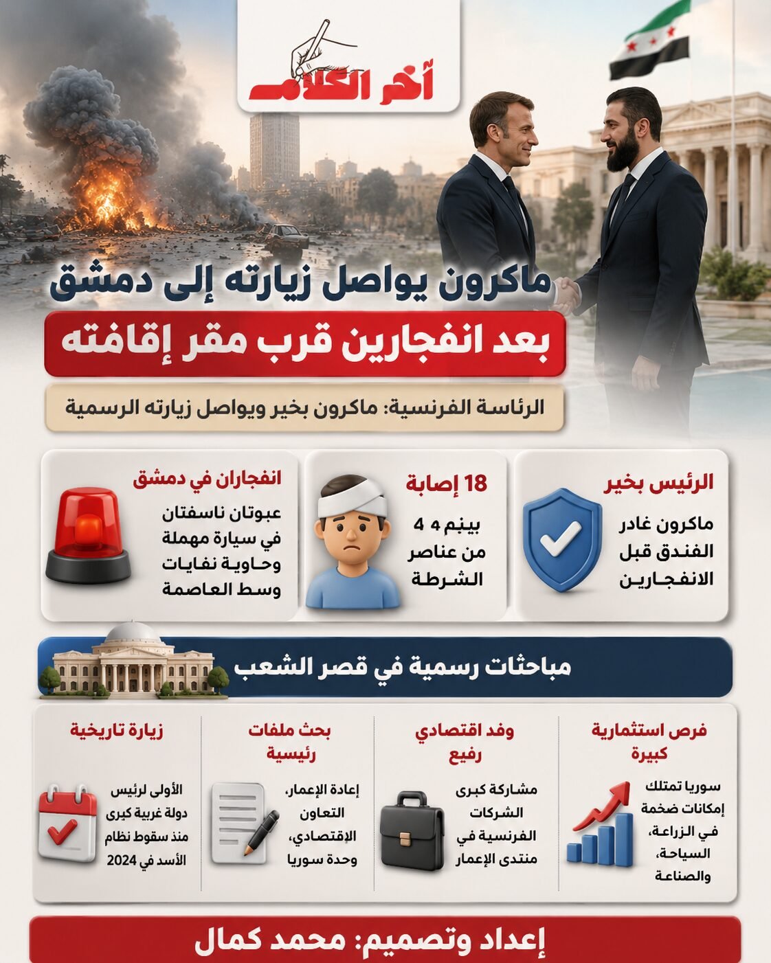 ماكرون يواصل زيارته إلى دمشق بعد انفجارين قرب مقر إقامته