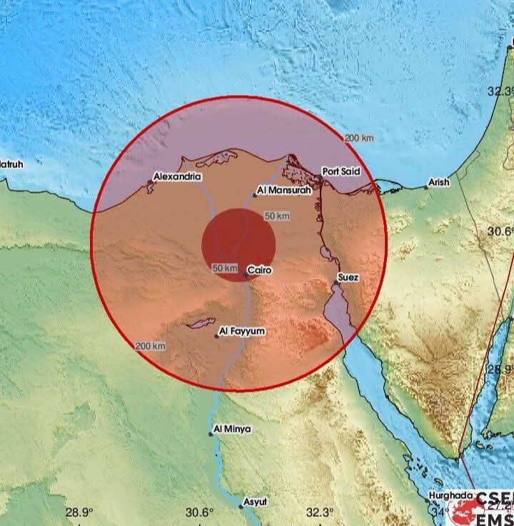 مركز الزلزال الذي اصاب مصر و محيط أثره