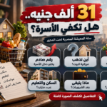 إنفوجرافيك اقتصادي عن تكلفة معيشة الأسرة المصرية، يطرح سؤالًا حول كفاية 31 ألف جنيه شهريًا، مع إبراز أعباء الغذاء والسكن والتعليم والمواصلات وما يتبقى من دخل الأسرة بعد تغطية الاحتياجات الأساسية.